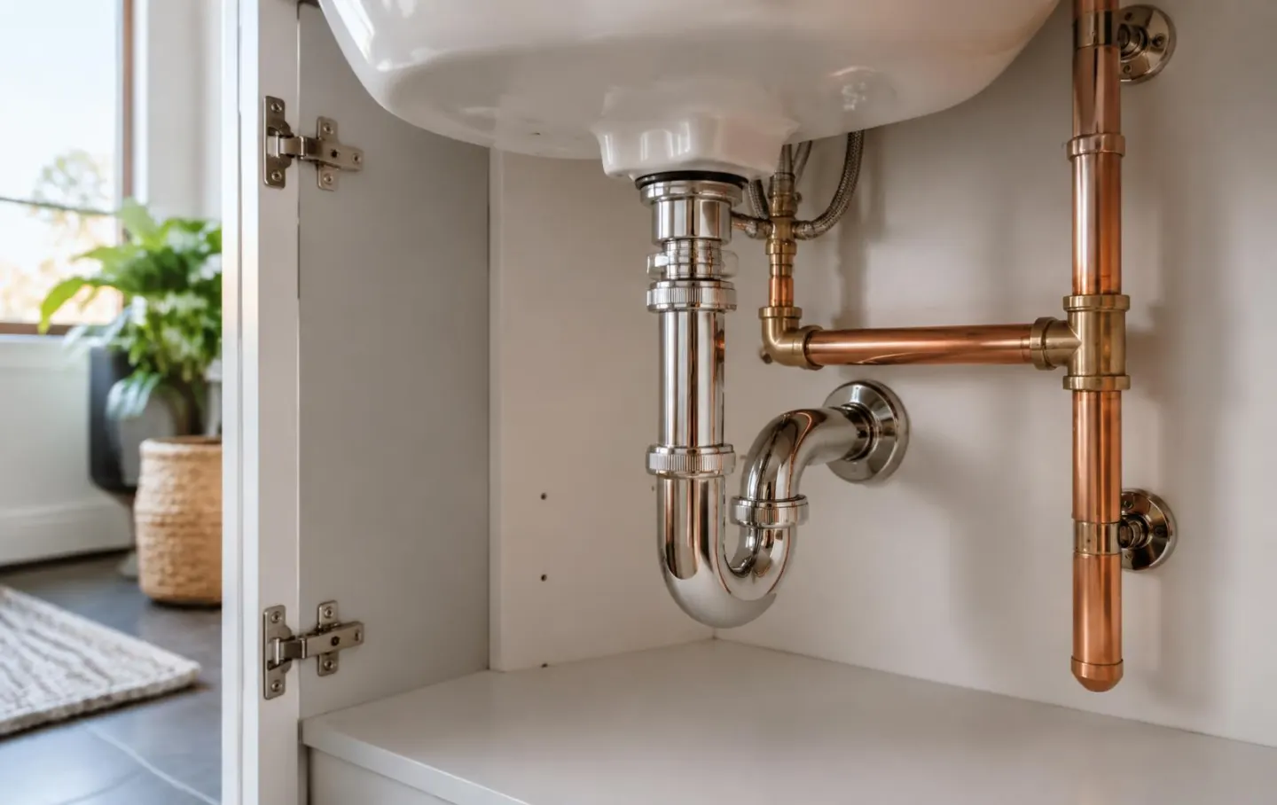 Instalación de gasfitería residencial bajo un lavamanos